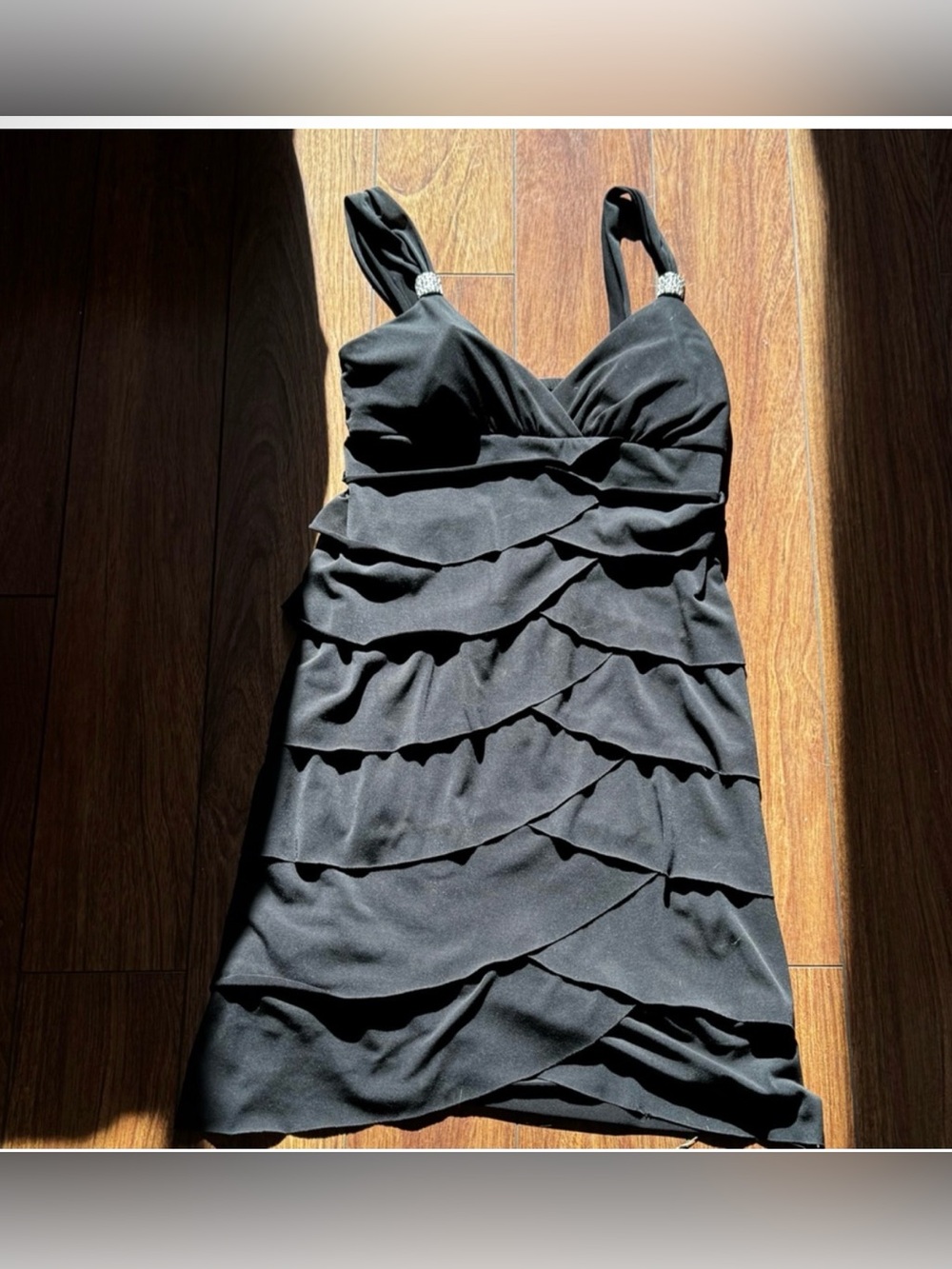 Suzy Shier black ruffle tiered sleeveless cocktail dress with embellished straps